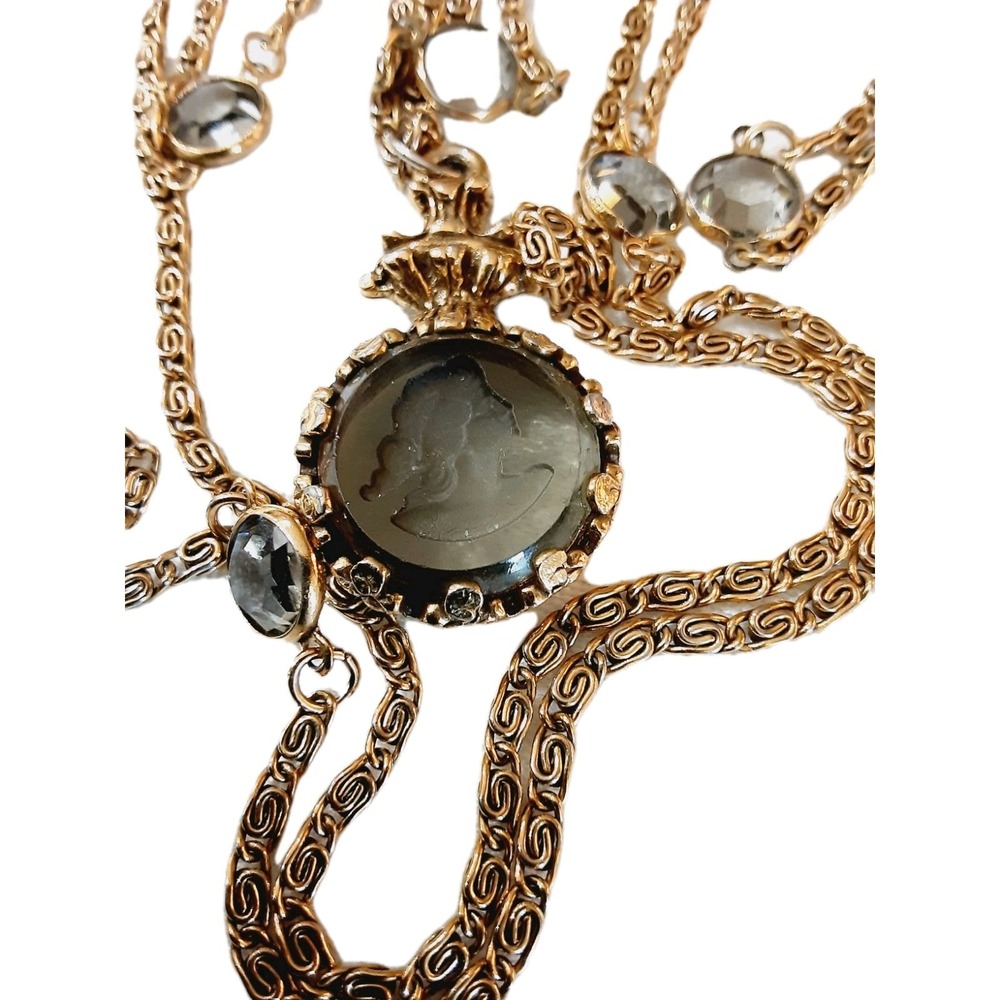 Vintage Goldette Necklace Cameo Intaglio Reverse Glass Multi Strand Chain